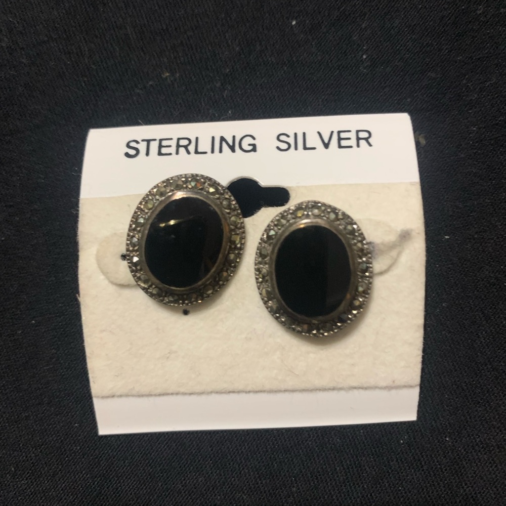 Vintage Sterling Silver .925/Black Onyx  Pierced Earrings
